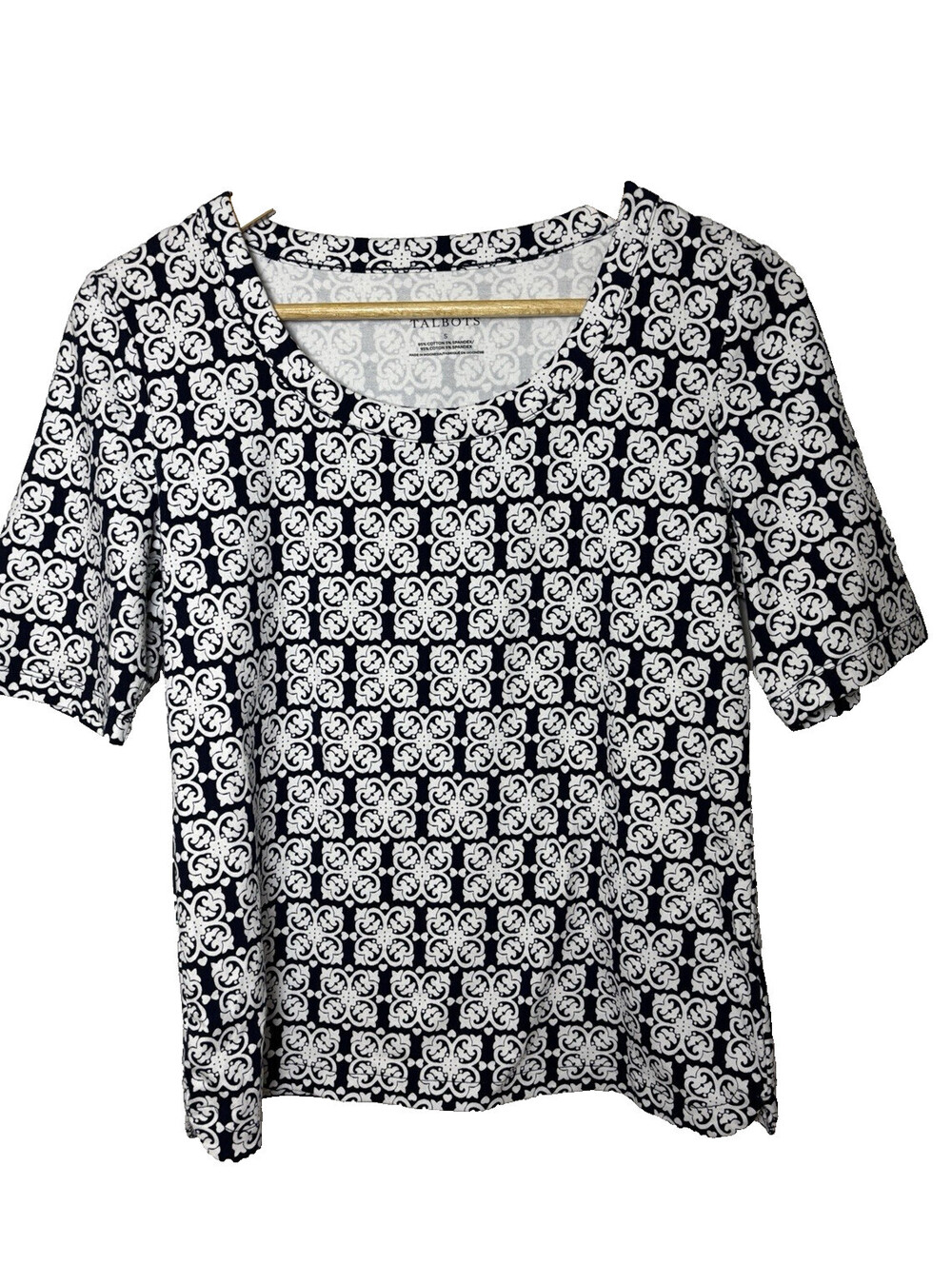 Talbots Navy White Print Short Sleeve Geometric Size Small